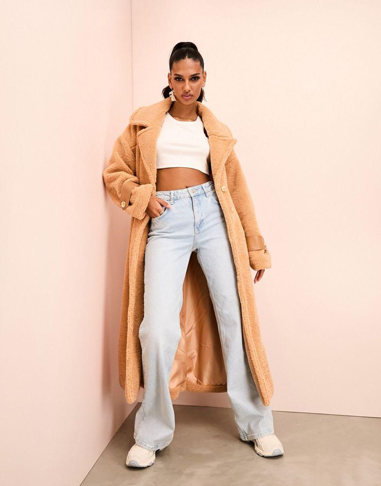 ASOS LUXE ASOS LUXE borg longline trench coat with ruched waist in camel