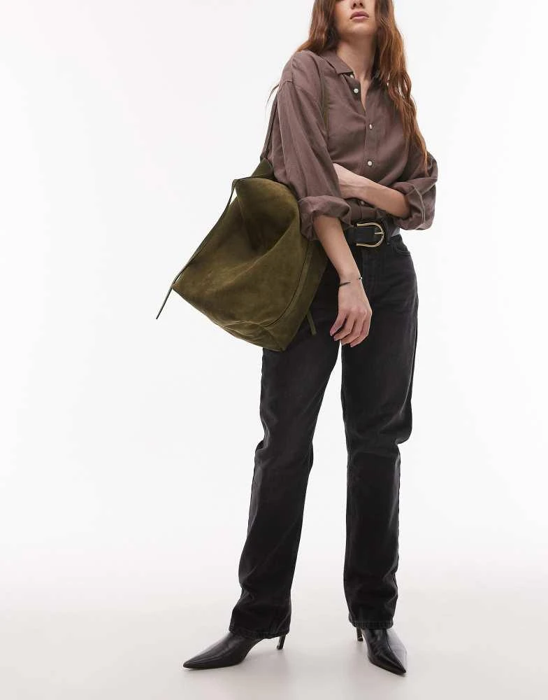Shop Topshop Luna real suede leather tote bag in olive on Sale at