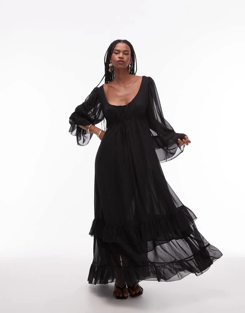 ASOS ASOS DESIGN chiffon soft volume tie front maxi dress in black 1