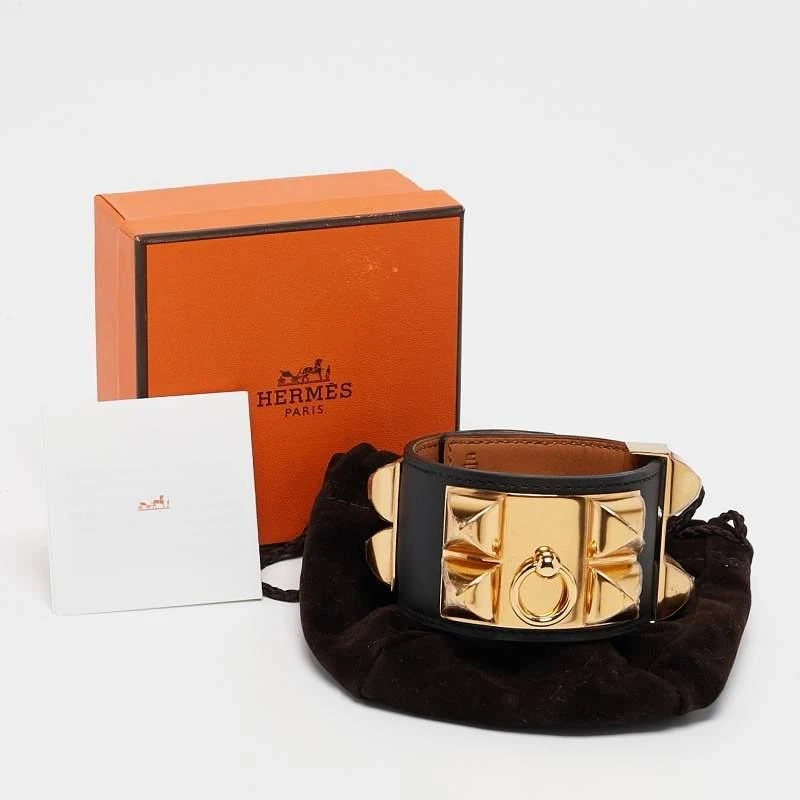 Hermes Hermes Collier de Chien Black Leather Gold Plated Cuff Bracelet 5