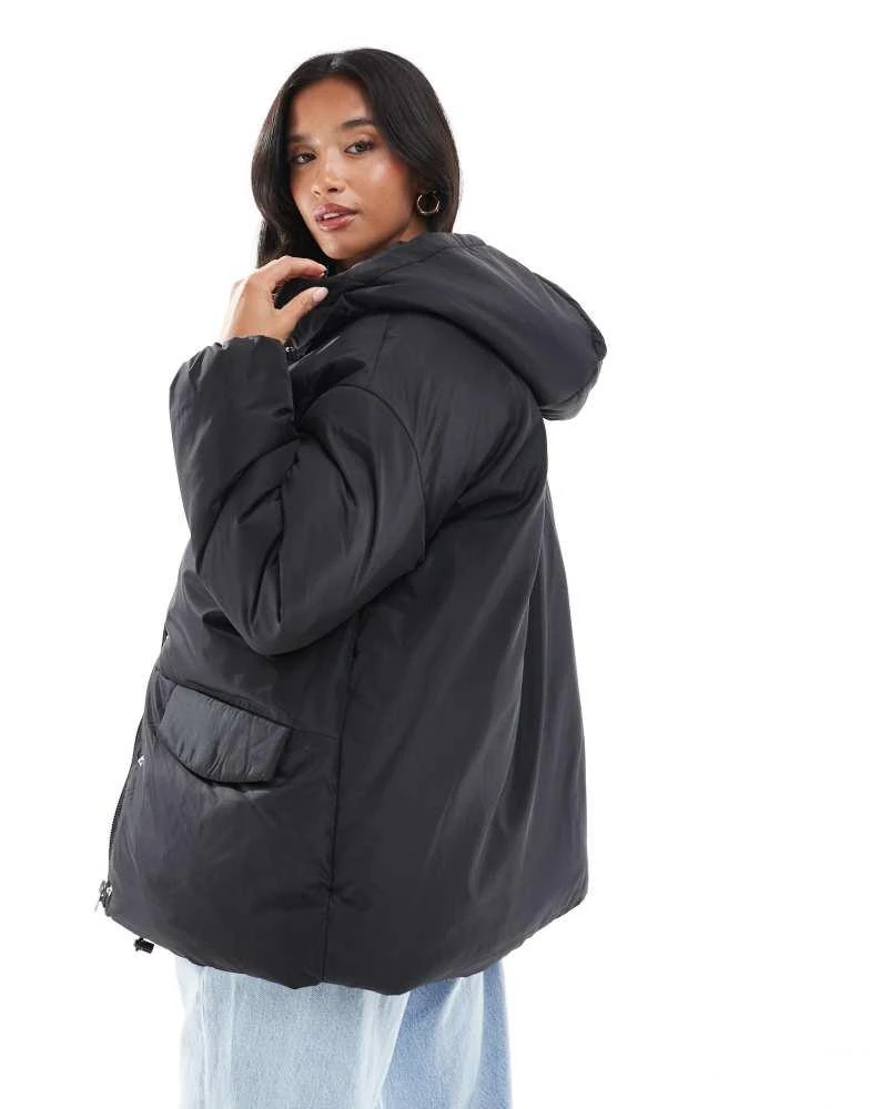 ASOS ASOS DESIGN Petite oversized puffer jacket with hood in black 2