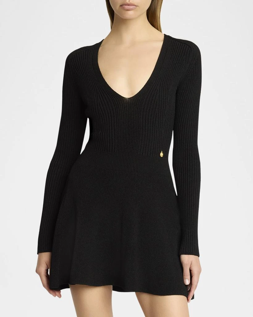 Balmain Plunging Long-Sleeve Rib Knit Mini Dress 2