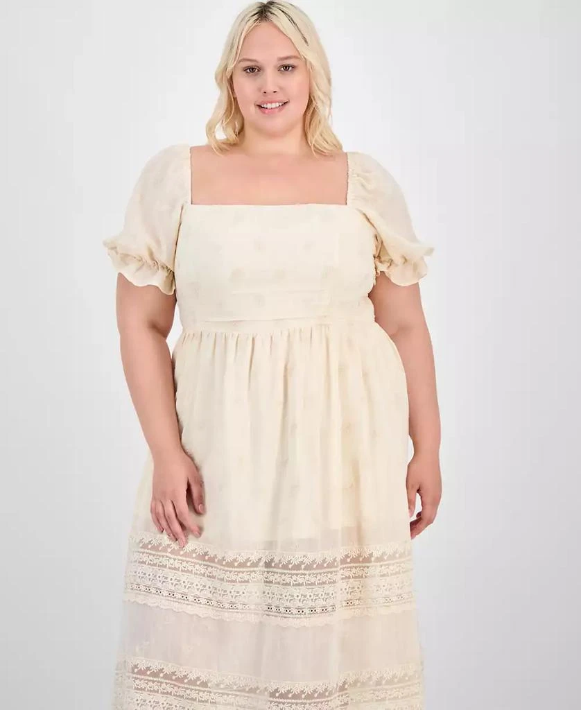 Shop Trendy Plus Puff-Sleeve Lace-Trim Midi Dress, Exclusively at