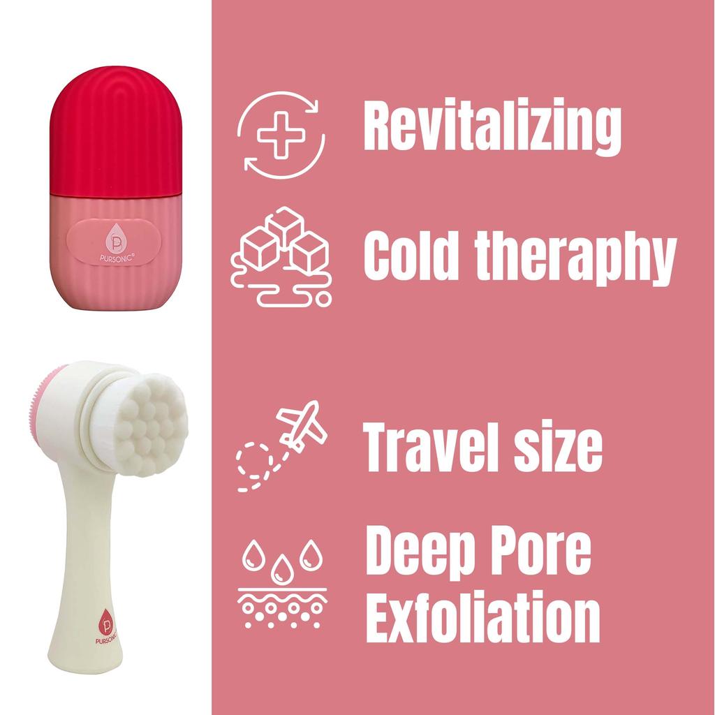 PURSONIC Perfect Skincare Duo: Ice Cube Facial Roller Massager for Face, Eyes, and Neck & Dual Sided Facial Cleansing Brush
