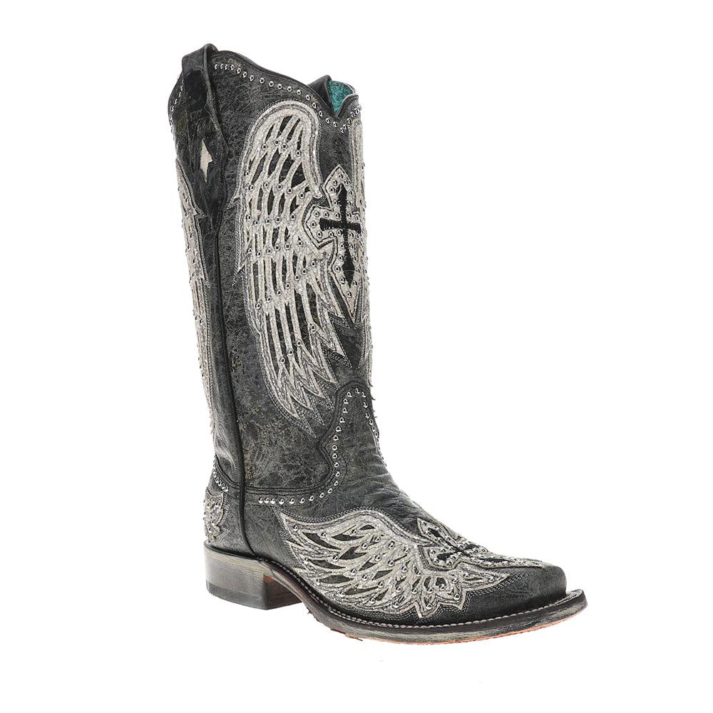 Corral Boots White Cross And Wings Overlay And Studs Worn Finish Black Square Toe Cowboy Boots