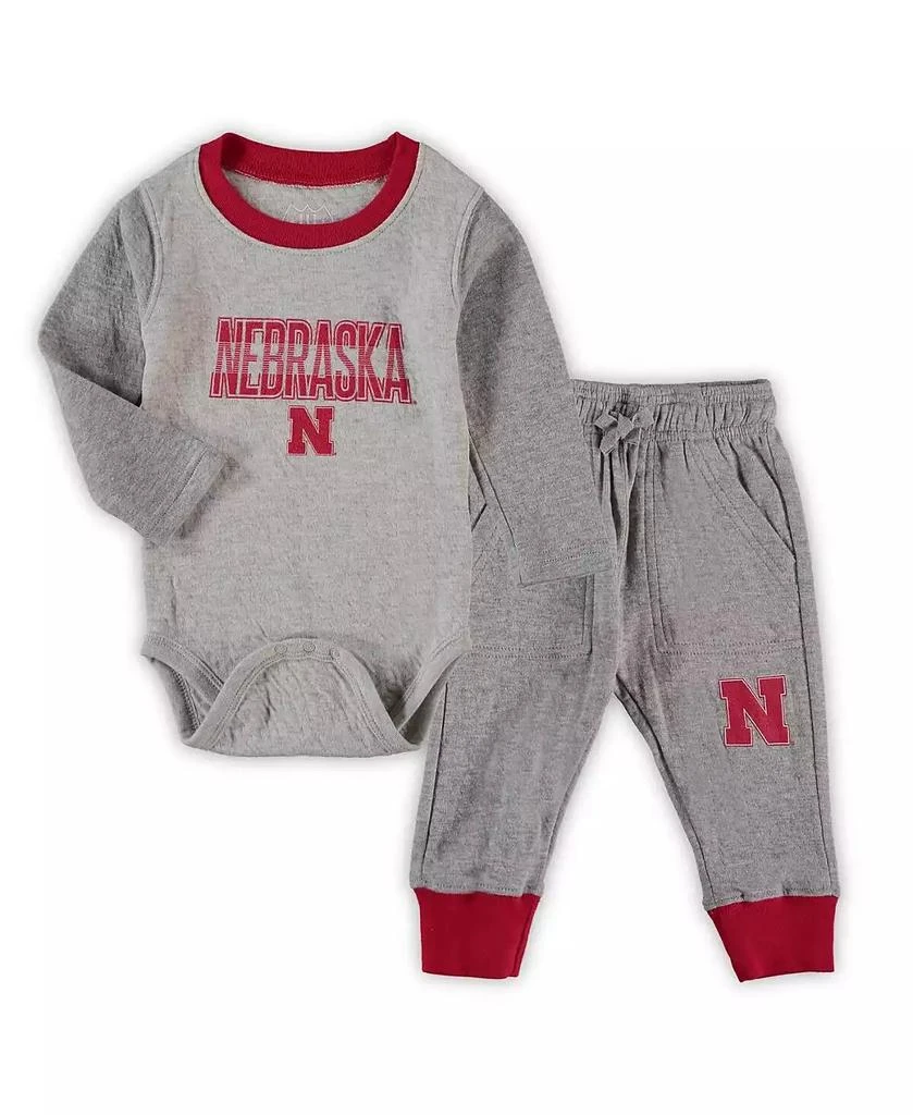Wes & Willy Infant Boys and Girls Heathered Gray, Scarlet Nebraska Huskers Jie Jie Long Sleeve Bodysuit and Pants Set 1