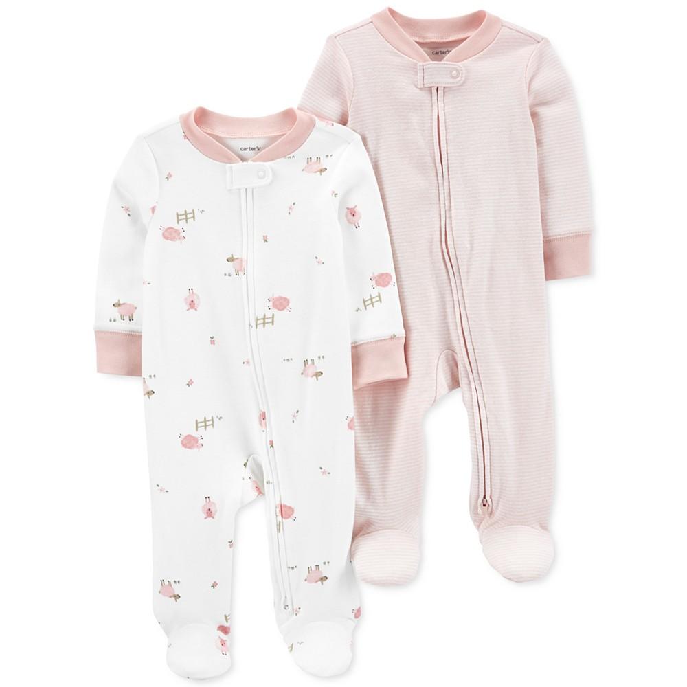 Carter's Baby Girls and Baby Boys Cotton Two Way Zip Footed Coveralls, Pack of 2