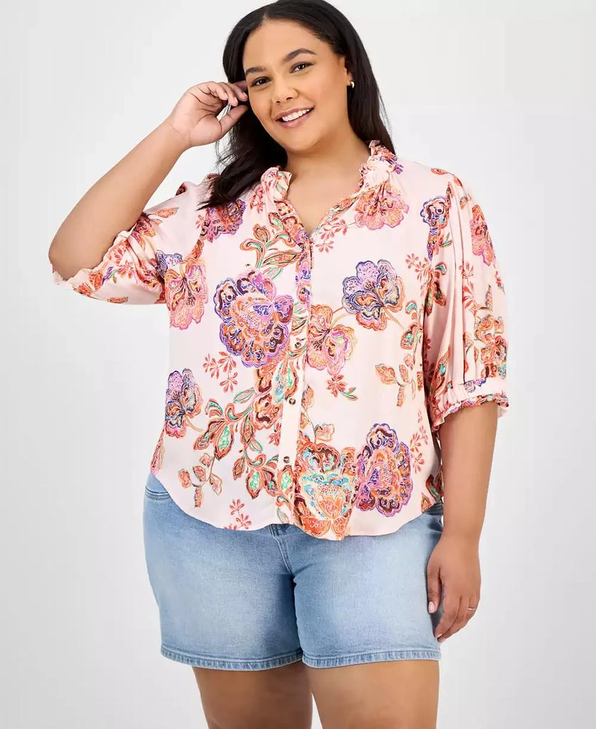 Democracy Trendy Plus Size Floral-Print Ruffle-Trim Blouse 1
