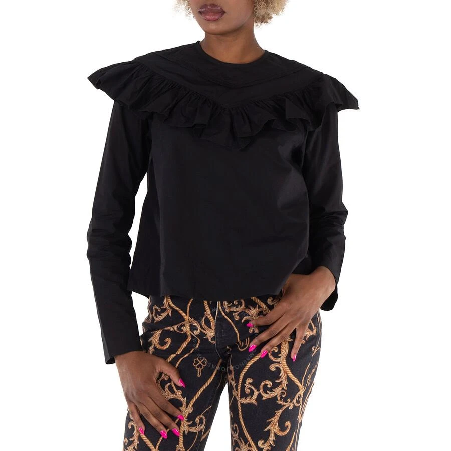 Ganni Cotton Poplin Frill Blouse In Black 2