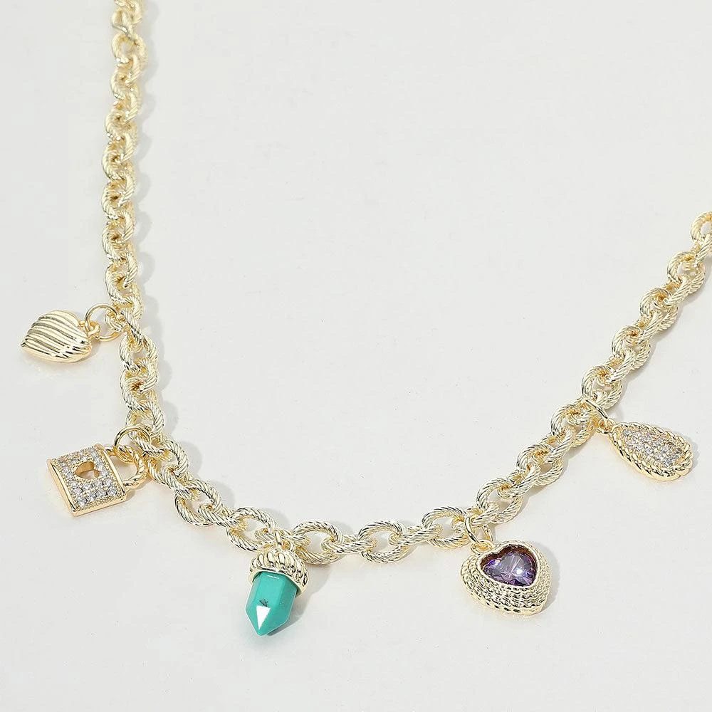 FASHNZFAB 14K Gold Plated CZ Stone Paved Lock Heart Teardrop Charm Station Necklace