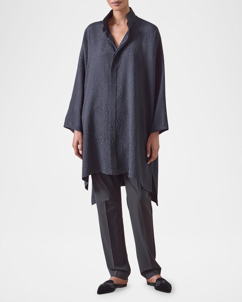 Eskandar Damask Cloque Wide Longer-Back Double Stand-Collar Shirt With Slits (Very Long Length)