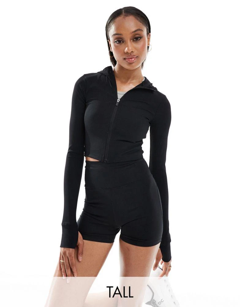 ASOS ASOS 4505 Tall cropped hoodie in active rib in black 1