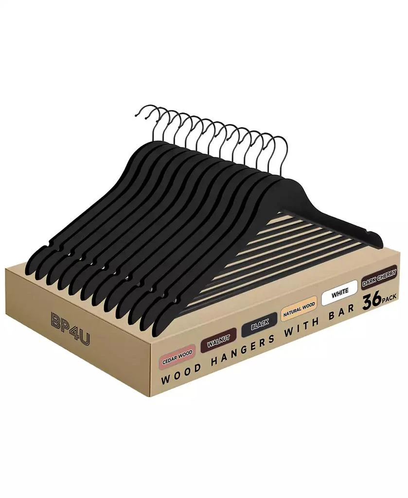 BP4U 36-Pack Premium Wooden Suit Hangers with Non-Slip Pant Bar, Heavy Duty Solid Wood Coat Hangers for Jackets, Shirts, Dresses, Trousers