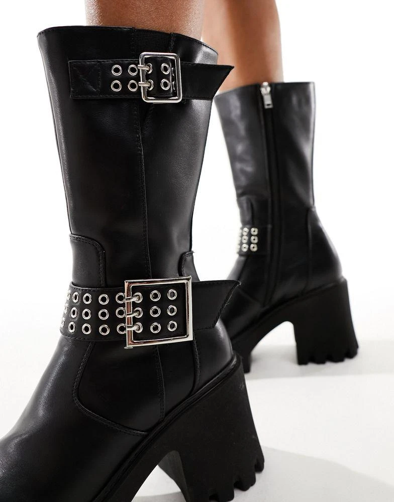 Lamoda Lamoda Needed chunky heeled biker boots with buckle detail in black 2
