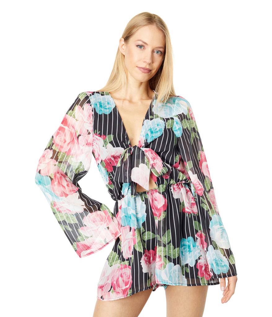 Bebe Tie Front Floral Flutter Sleeve Romper