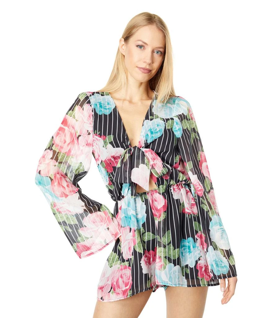 Bebe Tie Front Floral Flutter Sleeve Romper 1