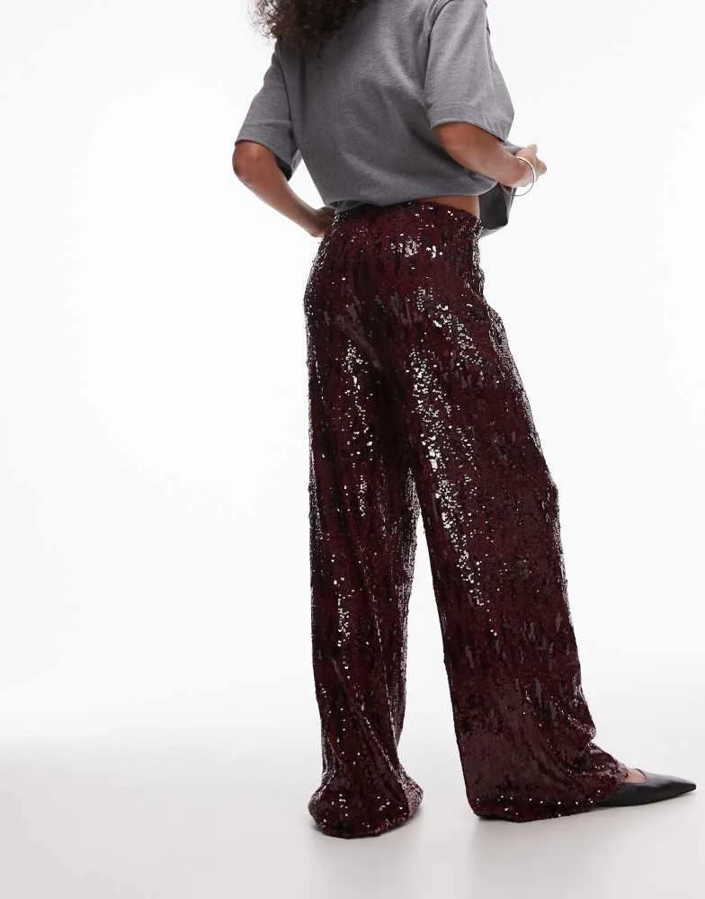 Topshop Topshop sequin wide leg trouser in burgundy 4