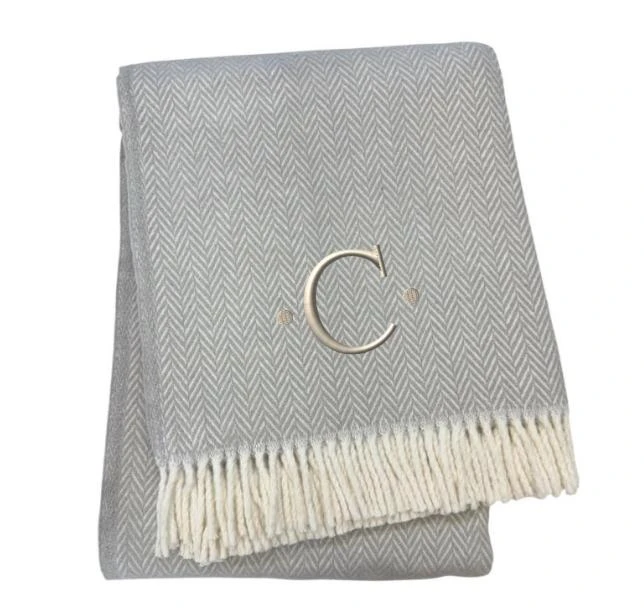 Hivvago 55" X 70" Gray And White Herringbone Cotton Blend C Initial Throw Blanket with Tassels And Embroidery 3