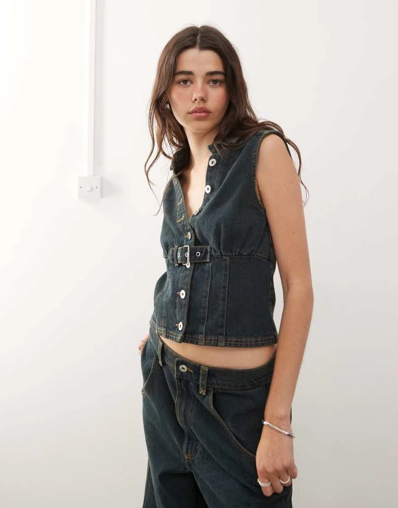 COLLUSION COLLUSION denim buckle waistcoat co-ord in green wash 1