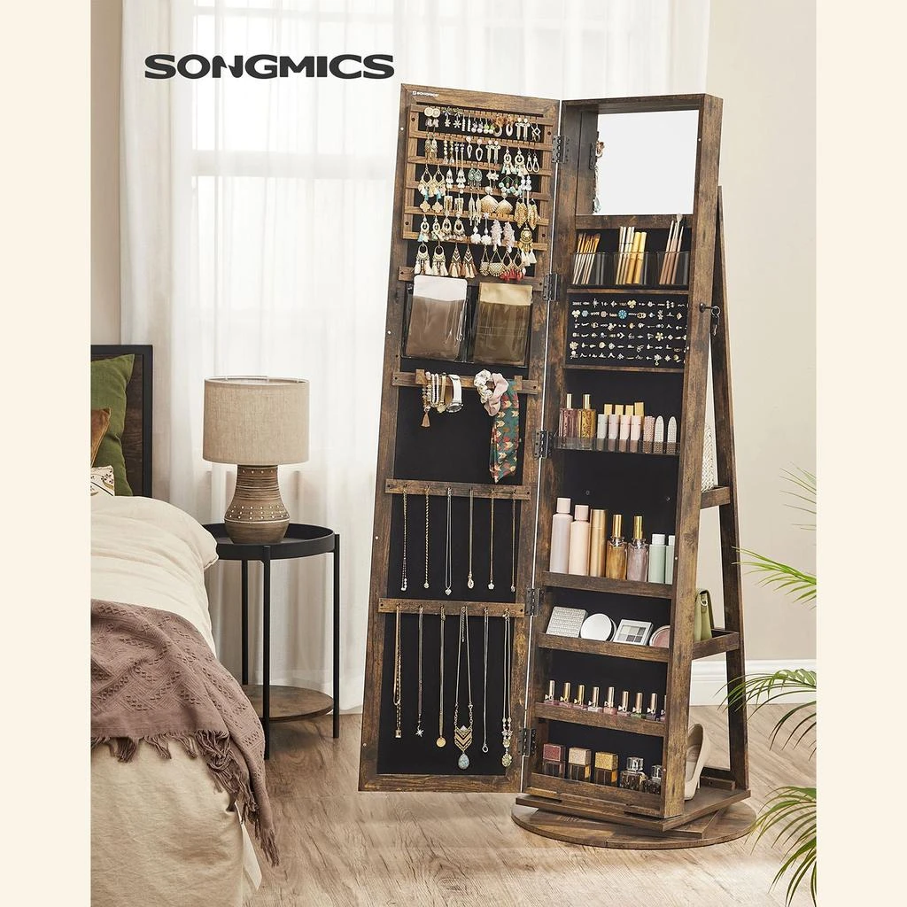 Hivvago Rustic Brown 360° Swivel Lockable Jewelry Armoire 2