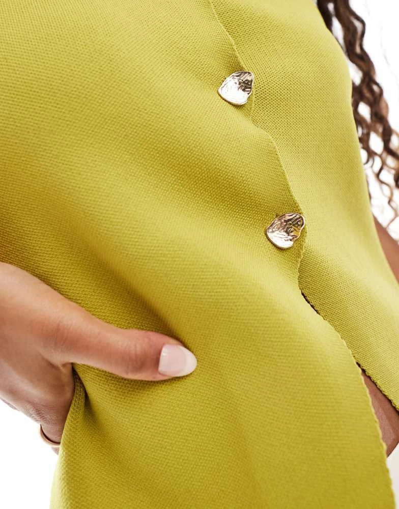 ASOS ASOS DESIGN slash neck compact knit waistcoat with gold buttons in olive 2
