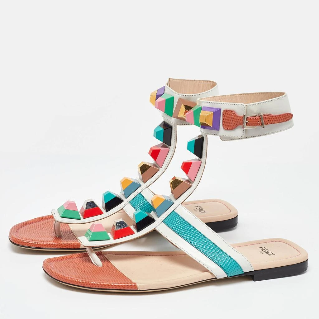 Fendi Fendi Multicolor Leather Studded Thong Flat Sandals Size 37 2