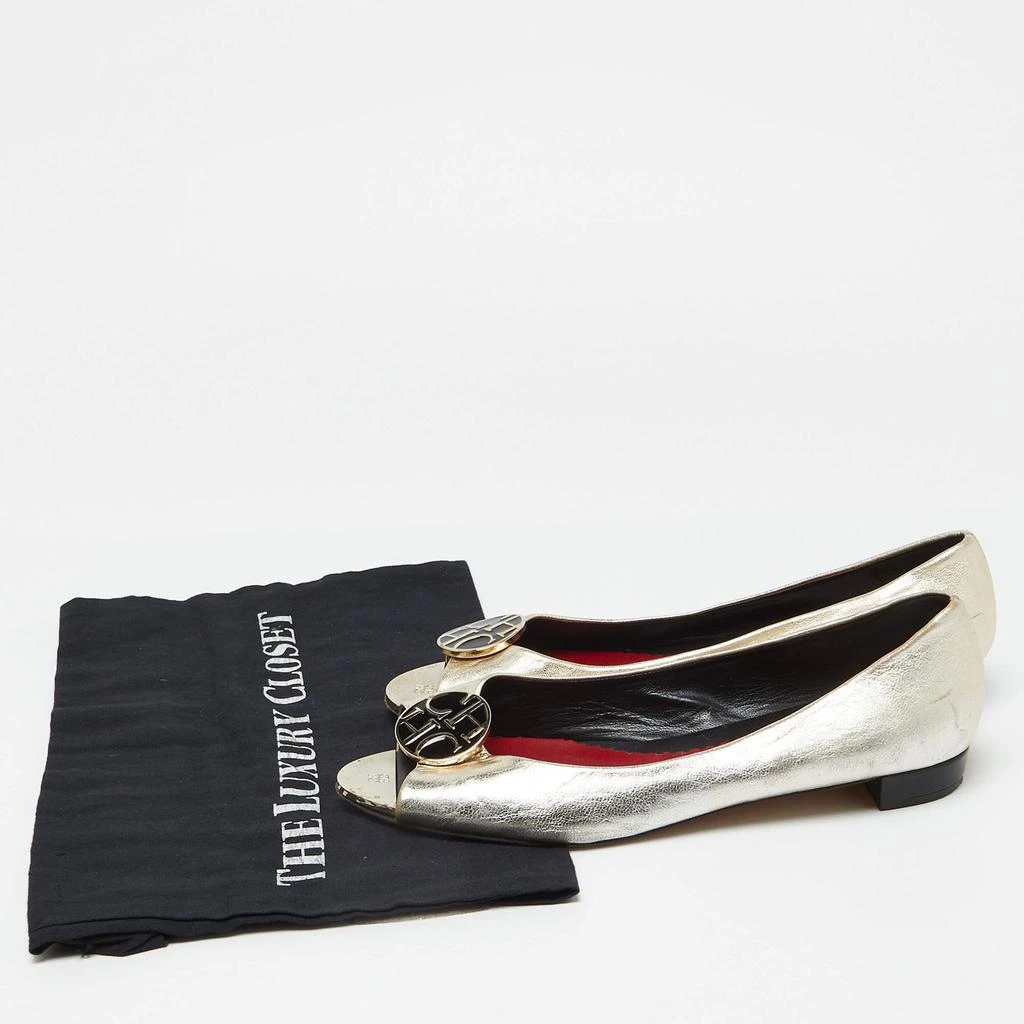 CH Carolina Herrera CH Carolina Herrera Gold Leather Logo Peep-Toe Ballet Flats Size 38 9