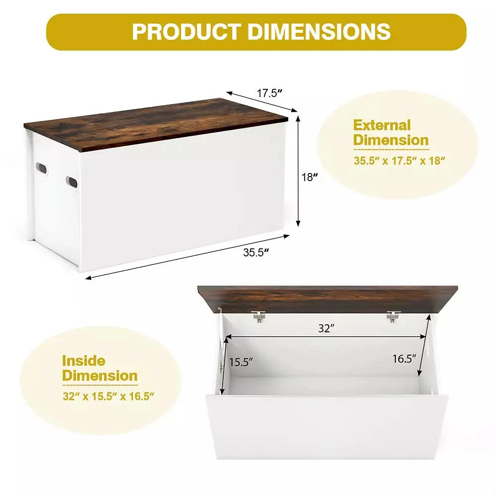 Costway Flip-top Storage Chest Lift Top Storage Bench Wooden Deck Toy Box 2