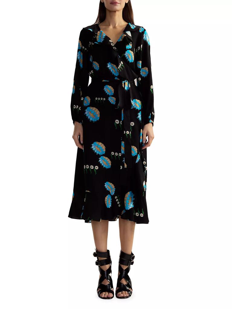 Cynthia Rowley Belted Floral Ruffle-Trim Wrap Midi-Dress