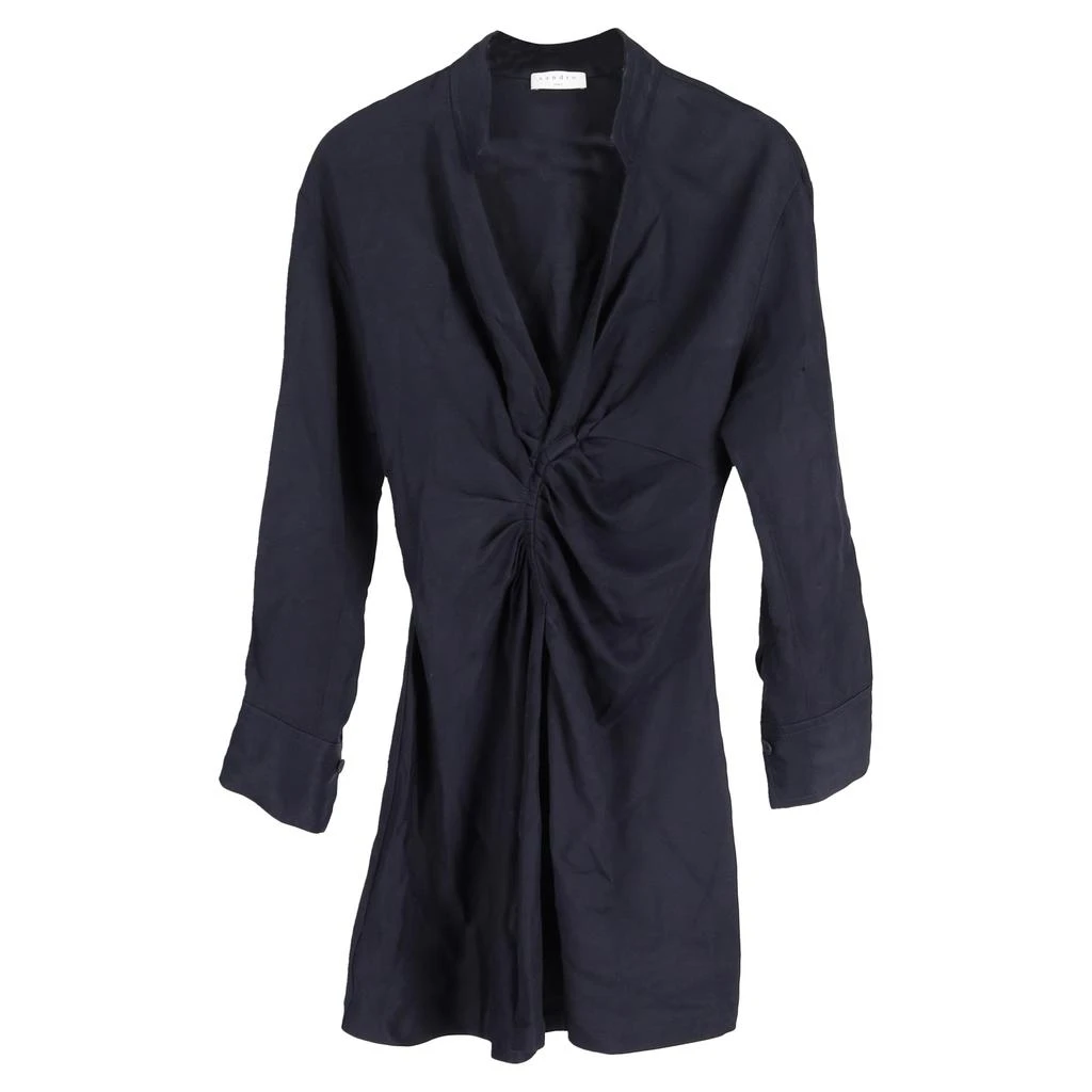 Sandro Paris Gathered Front Detail Mini Long Sleeve Dress in Navy Blue Viscose 1