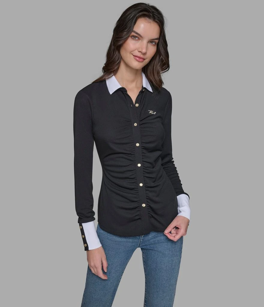 Karl Lagerfeld Paris LONG SLEEVE RUCHED KNIT BUTTON DOWN 1