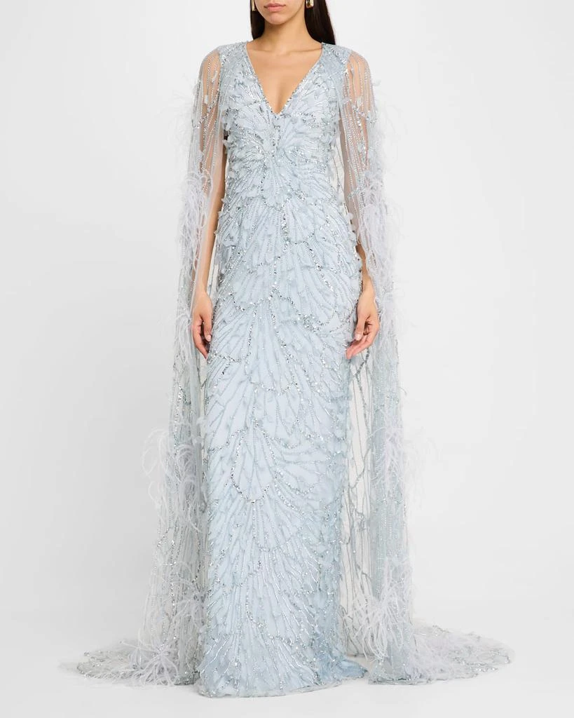 Pamella Roland Crystal Feather Embroidered Tulle Caped Gown 4