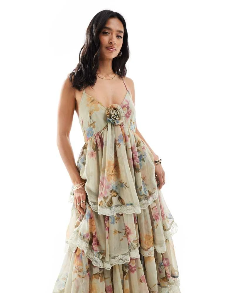 Miss Selfridge Miss Selfridge Petite race day chiffon tiered maxi dress in green floral print 2