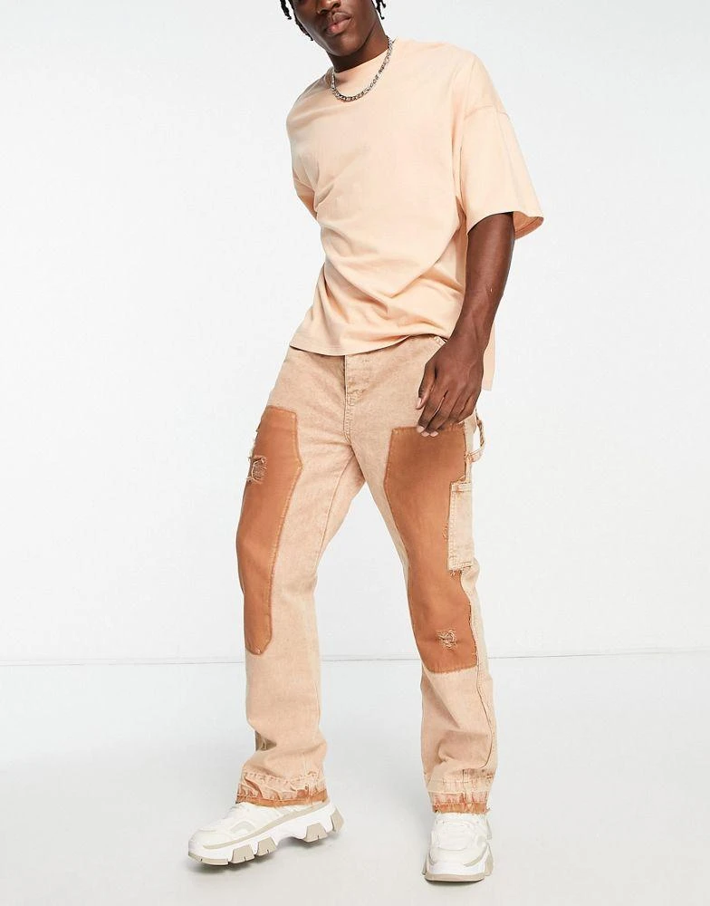 Jaded London Jaded London straight leg denim carpenter jeans in stone with hem insert 3