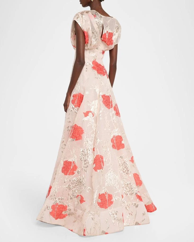 LELA ROSE Metallic Floral Fil Coupe Cap-Sleeve Gown 3