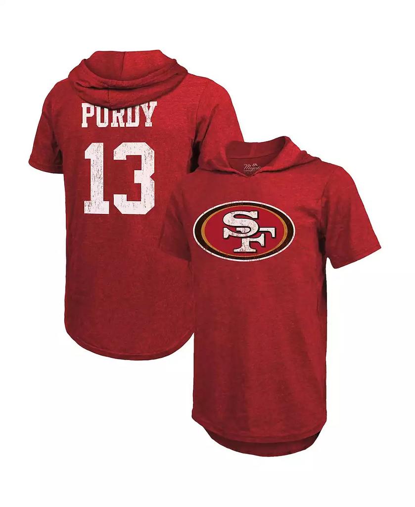 Majestic Men's Threads Brock Purdy Scarlet San Francisco 49ers Player Name and Number Tri-Blend Short Sleeve Hoodie T-shirt