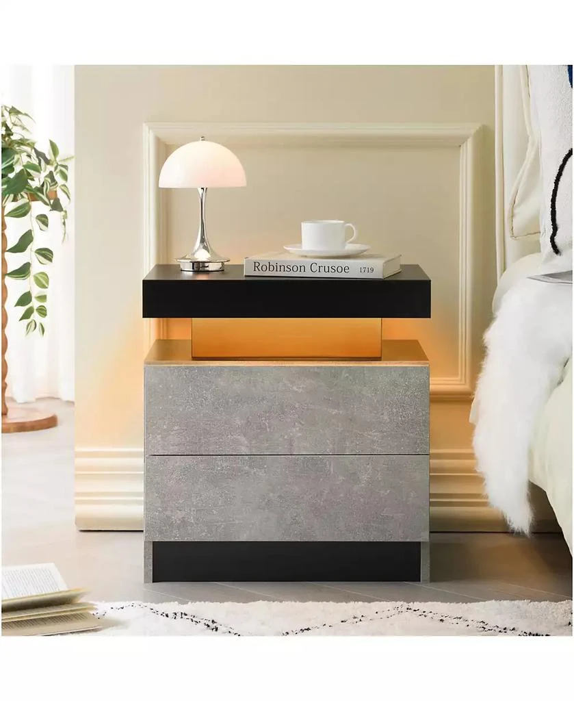 RAINSKEN LED Nightstand with 2 Drawers, Bedside Table Cabinet with Adjustable Color Lighting, Modern End Side Table for Bedroom, Living Room