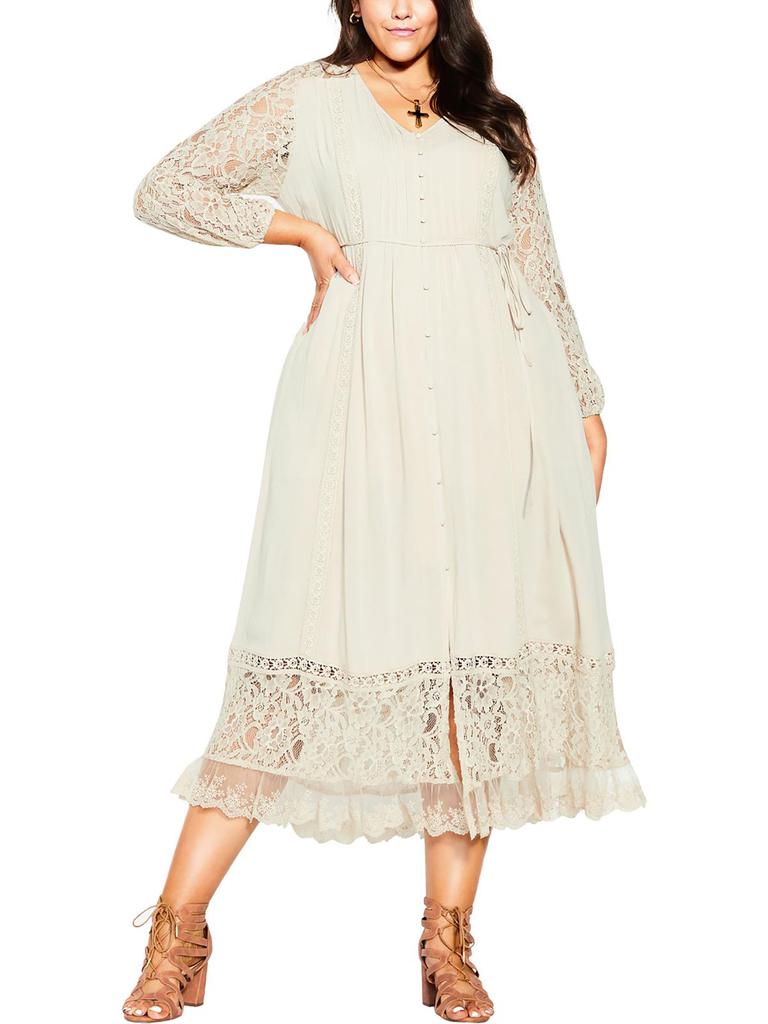 City Chic Plus Womens Lace Inset Long Sleeves Maxi Dress