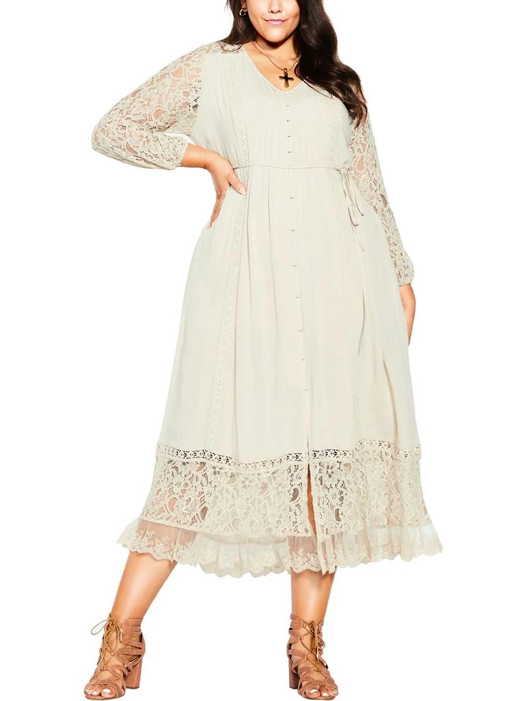 City Chic Plus Womens Lace Inset Long Sleeves Maxi Dress 1