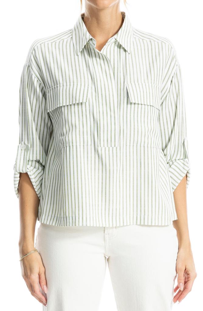 Max Studio Grid Print Roll Sleeve Popover Shirt