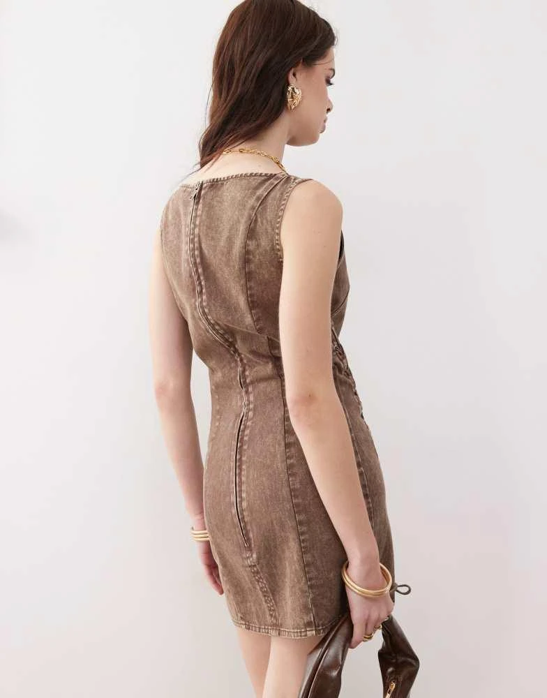 Monki Monki denim lace up mini dress in washed brown 4