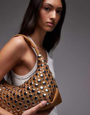 Topshop Topshop Samantha studded shoulder bag in tan