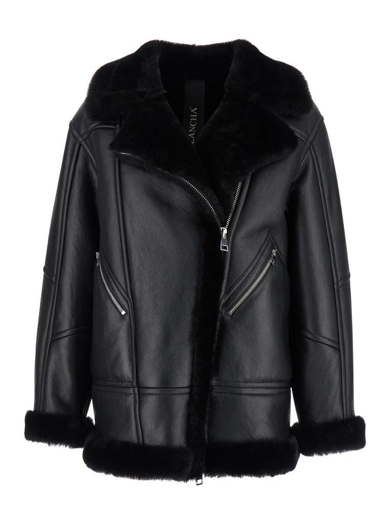 Blancha® Black Jacket With Shearling Trim And Zip In Leather Woman