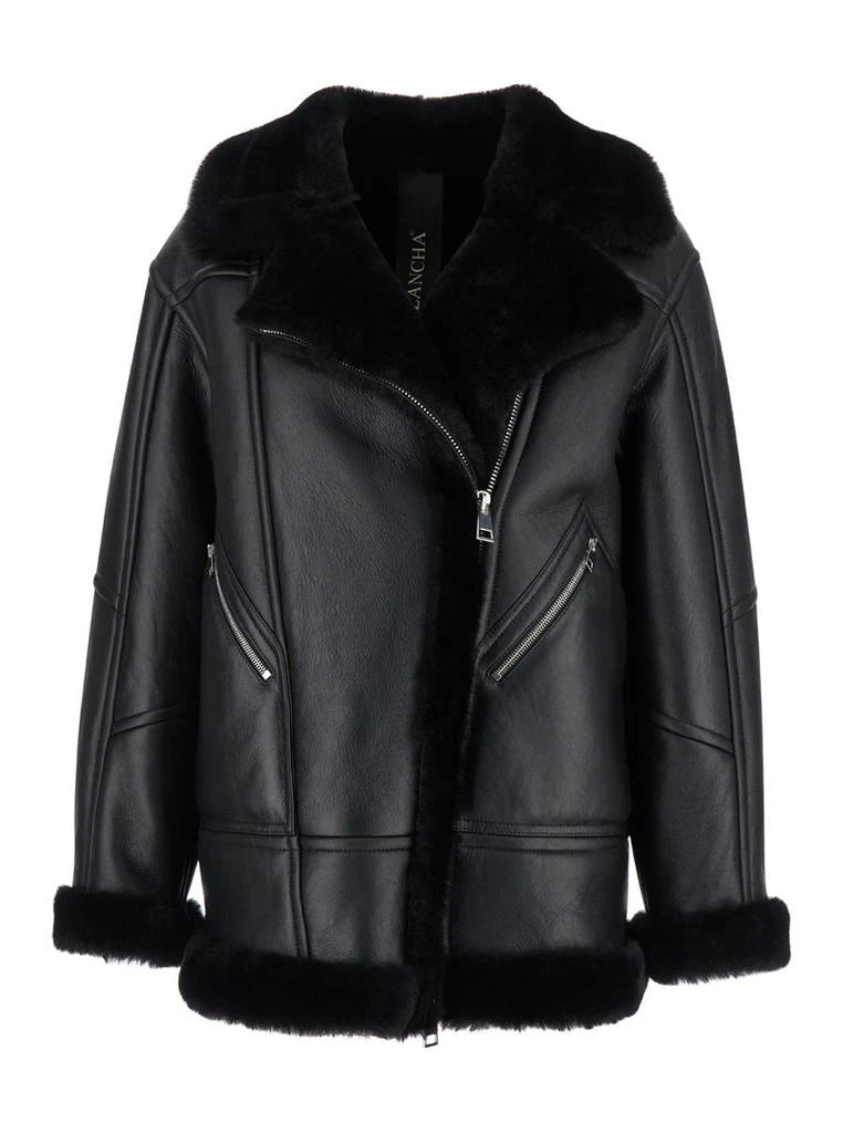 BLANCHA Black Jacket With Shearling Trim And Zip In Leather Woman 1