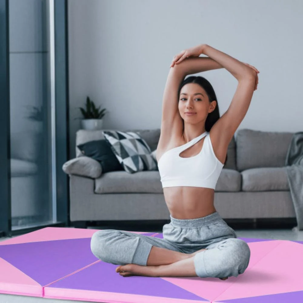 Hivvago 4-Panel PU Leather Folding Exercise Gym Mat with Hook and Loop Fasteners-Black & Pink 8