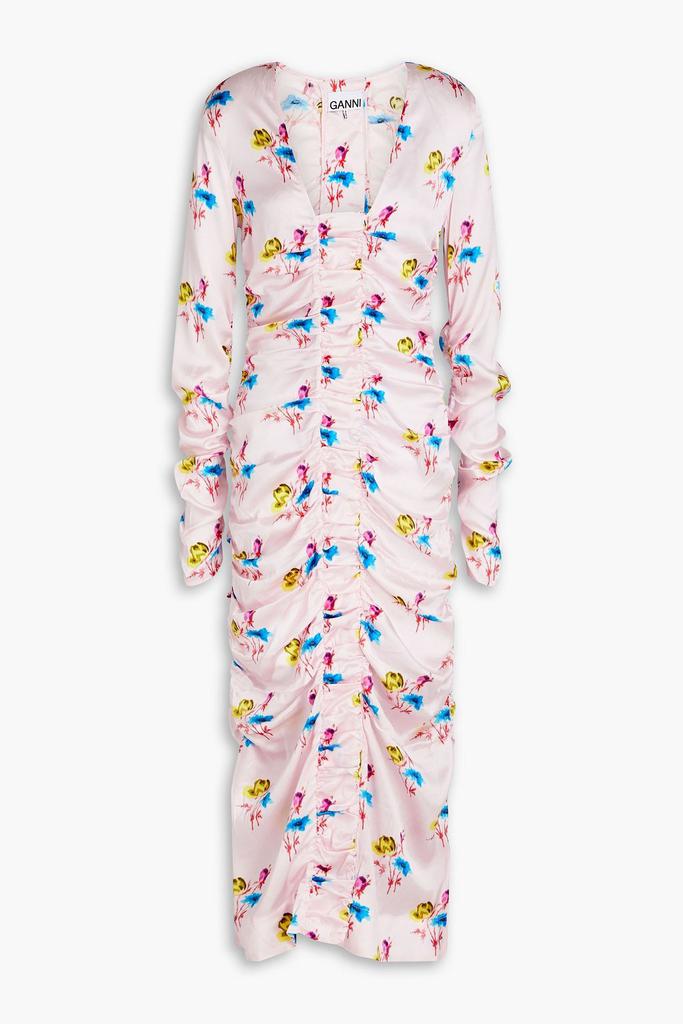Ganni Ruched floral-print stretch-silk satin midi dress