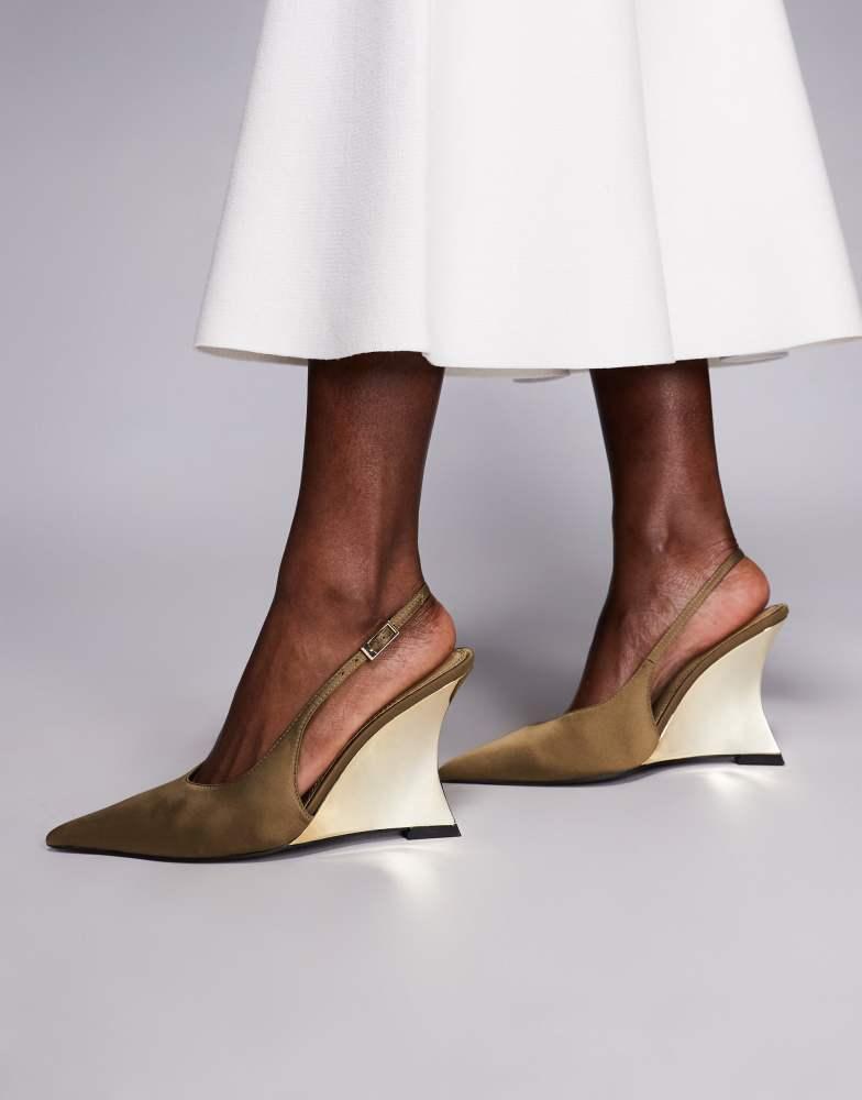 ASOS ASOS DESIGN Professor electroplated sculpted slingback wedges in olive