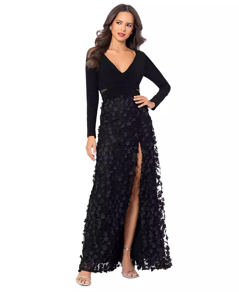 XSCAPE Mesh-Cutout Flower Gown