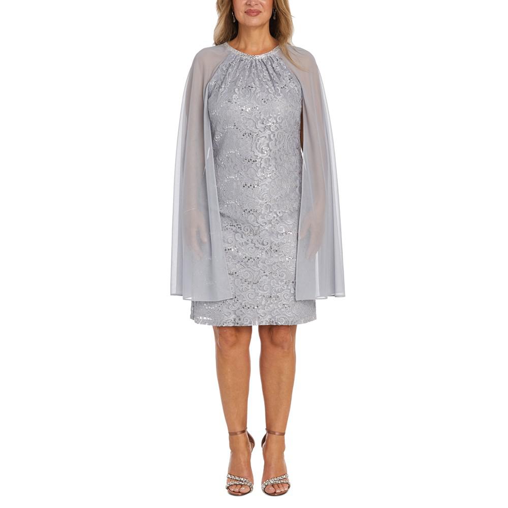 R & M Richards Women's Sequinned Lace Dress With Chiffon Cape