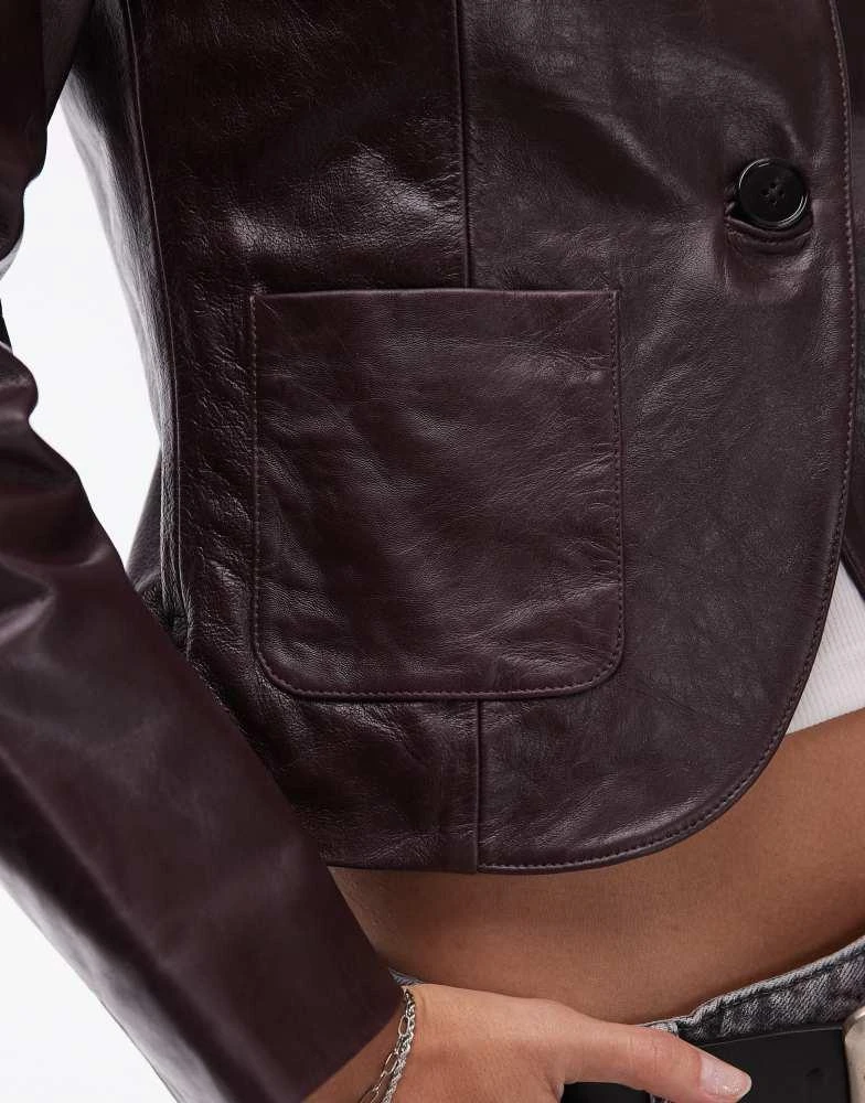 Mango Mango leather blazer in dark red 3